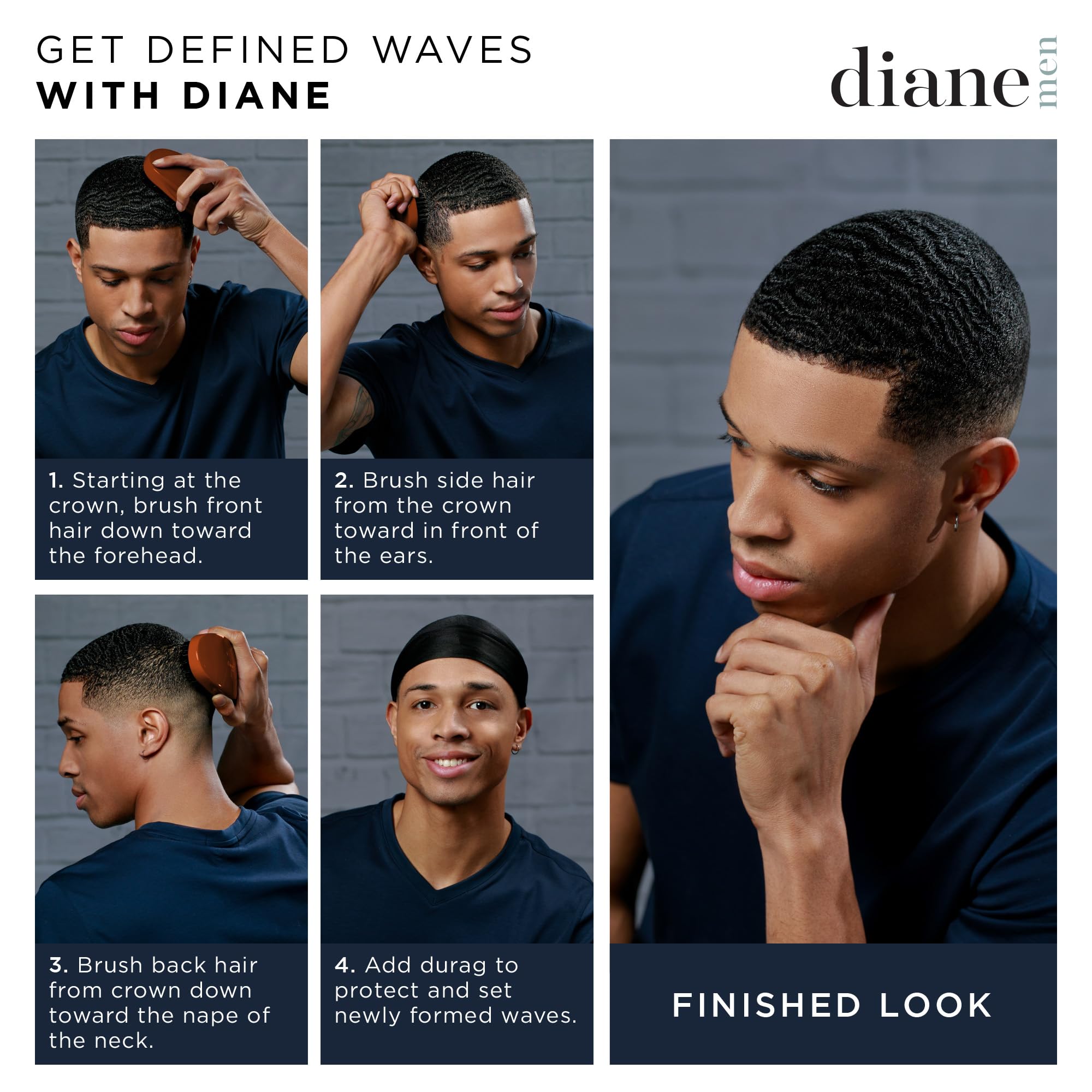 Diane Premium 100% Boar Bristle Military Wave Brush for Men and Barbers, Medium-Firm Bristles for Thick Coarse Hair, Detangling, Smoothing